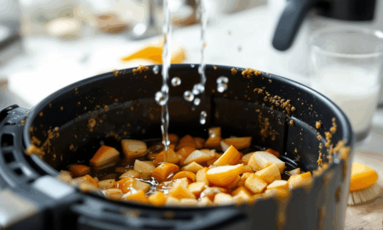 Hardnekkige resten in airfryer-mandje weken in azijn en heet water